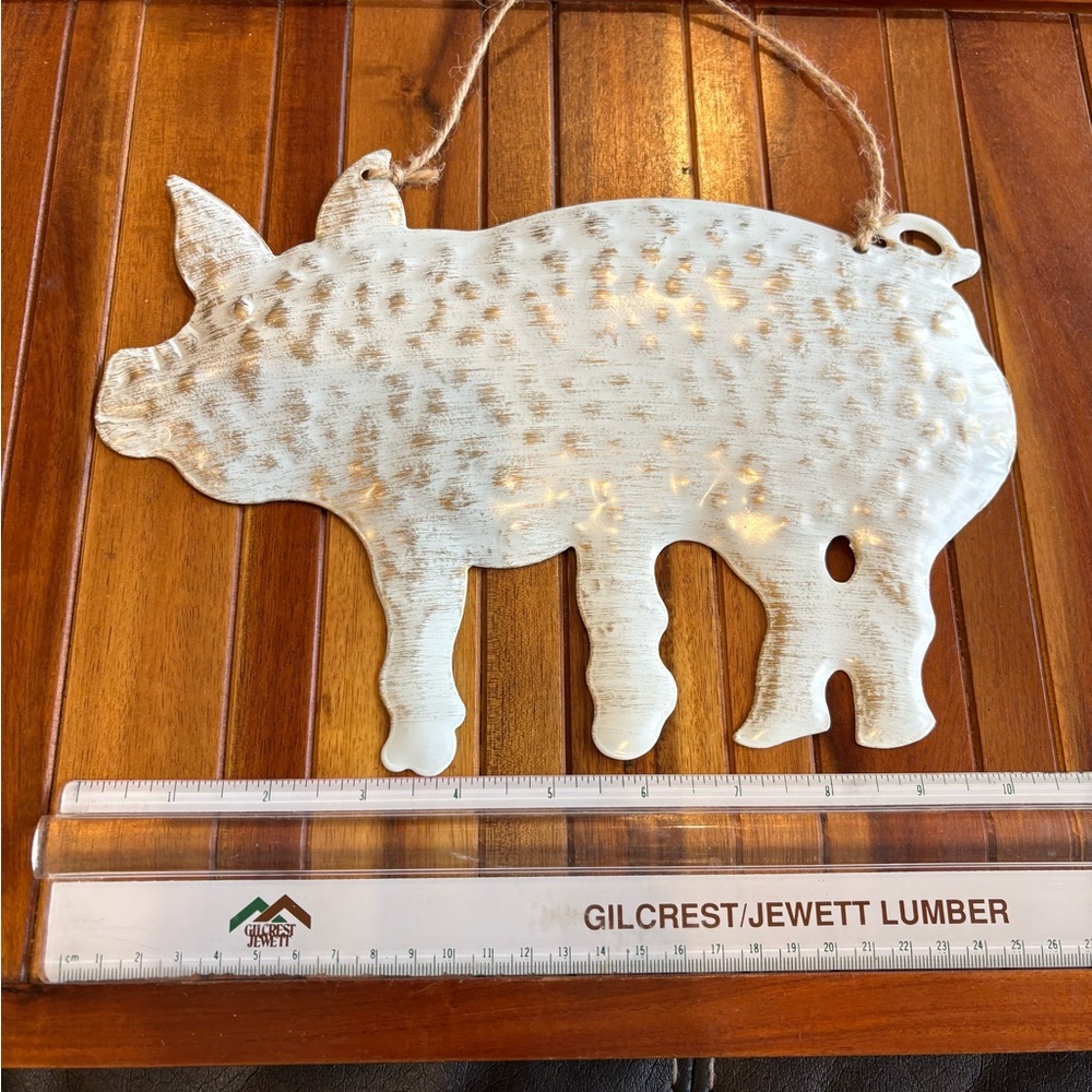 Rustic White Pig Wall Hanging with Rope